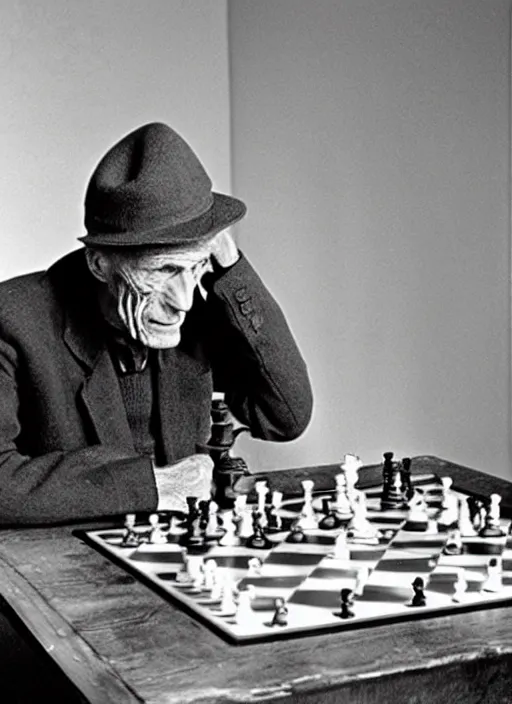 Image similar to samuel beckett playing chess with a sad death wearing a blu hat, photo, expressionist, nordic light