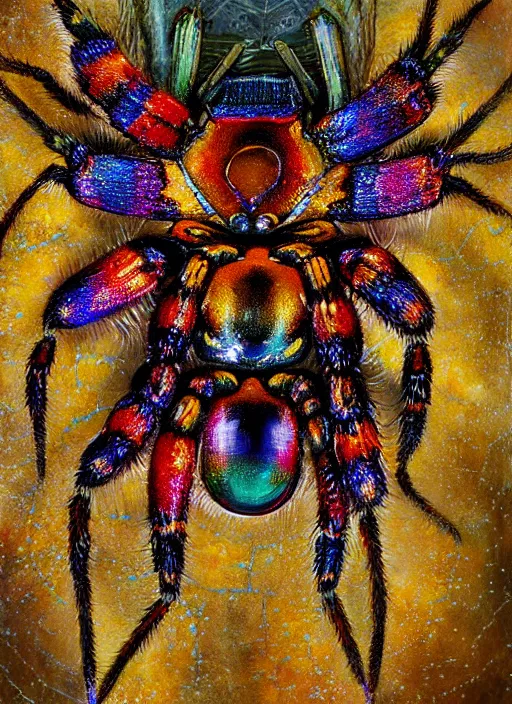 Image similar to a painting of symetrical spider seen from above, made of multicolored crystals, fantasy art, realistic