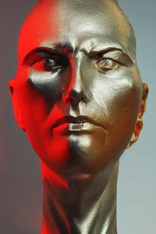 Image similar to realistic 8k Roberto Ferri Sculpture of random jagged reflective metal pieces forming the shape of a person silhouetted by a bright red sun, volumetric god rays, glinting metal, neon colors, cyberpunk, smooth, sharp focus, 24mm lens, DOF, hyper realistic, art by Greg Rutkowski and Ruan Jia and Giger