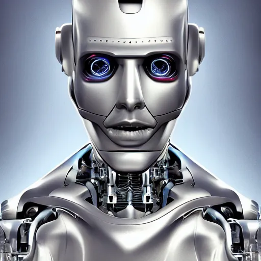 Image similar to a cyborg robot designed by tesla, hyper realistic, detailed portrait,