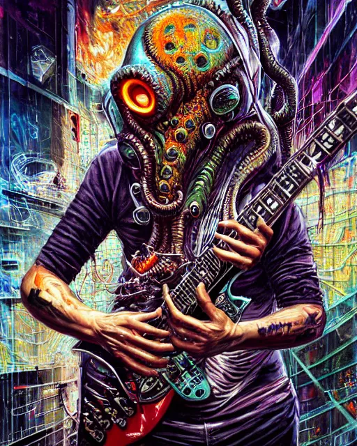 Prompt: a portrait of an anthropomorphic cyberpunk cthulhu shredding an electric guitar by sandra chevrier, by jon foster, detailed render, tape deck, epic composition, cybernetics, 4 k realistic, cryengine, realistic shaded lighting, sharp focus, masterpiece, by enki bilal