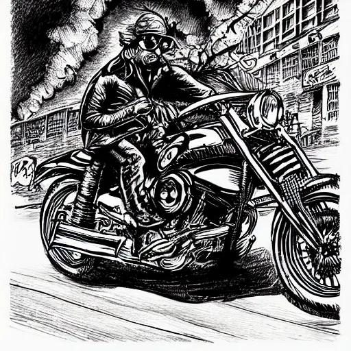 Image similar to hells angel biker riding through a burning street, intricate ink drawing, highly detailed in the style of jamie hewlett