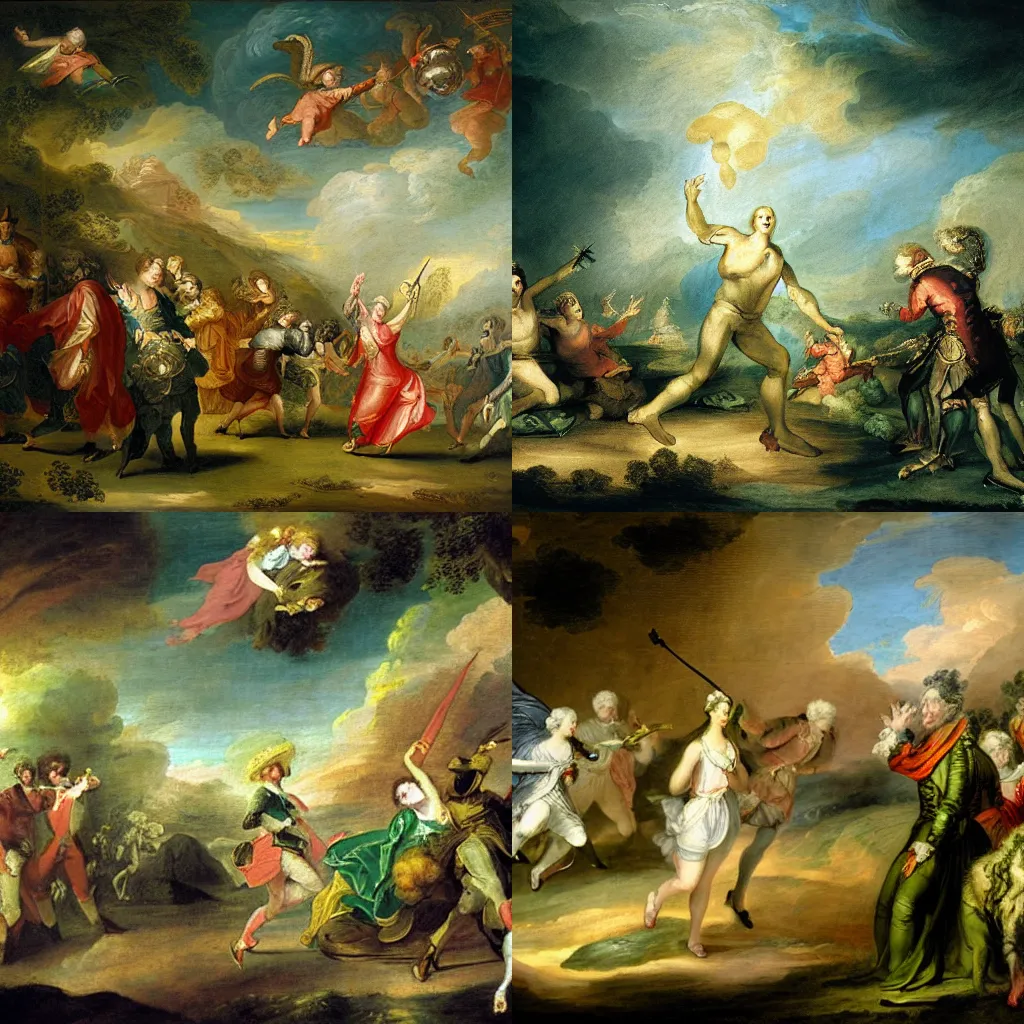 Prompt: 18th century historical painting representing green aliens arriving to the earth, royal commission, by Joshua Reynolds, Hermitage museum catalog photography,