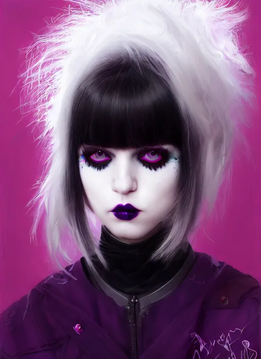 Image similar to portrait of white teenage girl, normal face, white bangs, mall goth, cyberlox, black and white hair, bangs, fluffy bangs, red contact lenses, purple lipstick, intricate, elegant, highly detailed, digital painting, artstation, concept art, sharp focus, smooth, illustration, art by wlop, mars ravelo and greg rutkowski