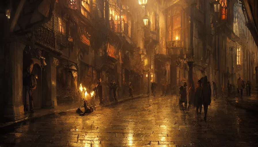 Image similar to street of medieval city lighten by torches during early evening, shadows, reflections, epic composition, intricate, elegant, volumetric lighting, digital painting, highly detailed, artstation, sharp focus, illustration, concept art, ruan jia, steve mccurry