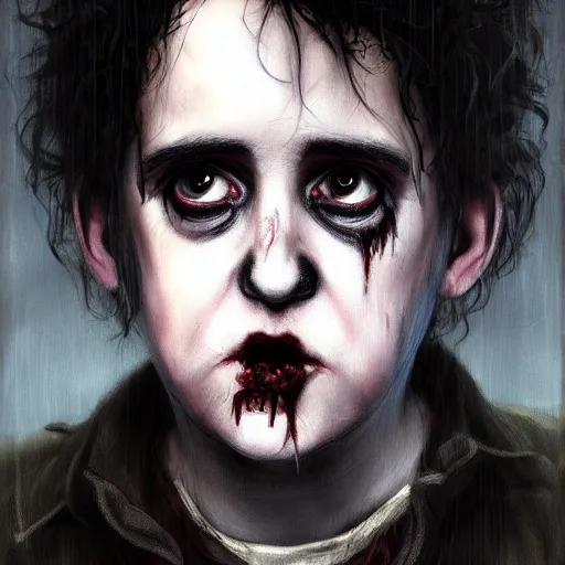 Image similar to young and innocent robert smith as a zombie looking cute and shy, 7 days to die zombie, fine art, award winning, intricate, elegant, sharp focus, cinematic lighting, highly detailed, digital painting, 8 k concept art, art by z. w. gu, art by brom, art by michael hussar, masterpiece, 8 k