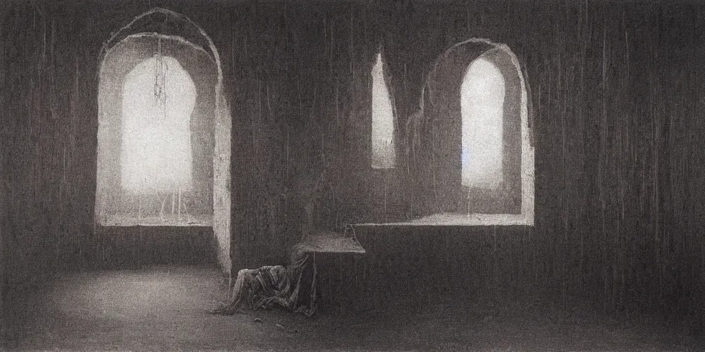 Image similar to room of alchemist, room of magician, by Beksinski