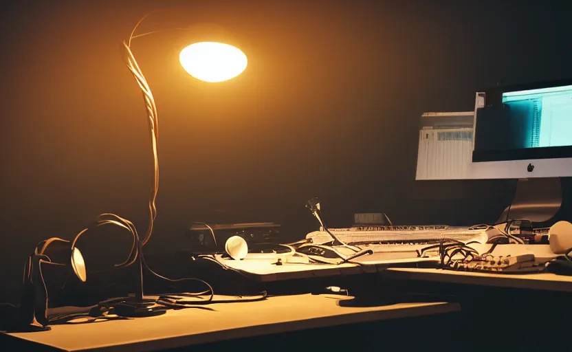 Prompt: looking over a man at desk, low lit radio booth, one single gas lamp, orange lamp, studio lighting wet computer keyboard, smoke, sweaty. steam in air, cables, buttons, colour photo, switches, strange