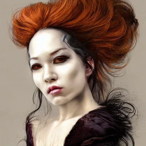 Image similar to portrait of a Shibari rope wrapped face and neck, headshot, insanely nice professional hair style, dramatic hair color, digital painting, of a old 18th century, tourist, witch, amber jewels, baroque, ornate clothing, scifi, realistic, hyper detailed, child, chiaroscuro, concept art, art by Franz Hals and Jon Foster and Ayami Kojima and Amano and Karol Bak,