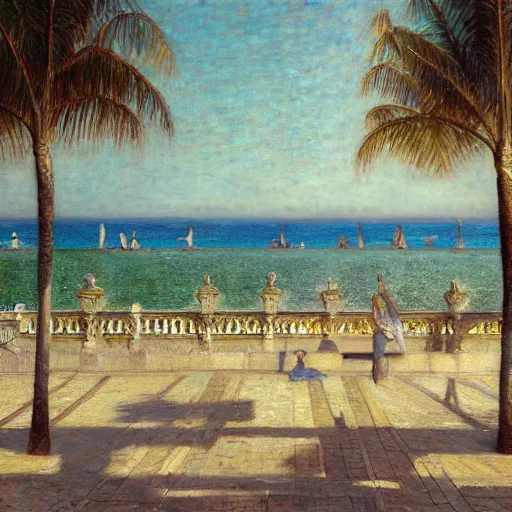 Image similar to a ultradetailed beautiful painting of the amazonas palace balustrade designed by jules bastien - lepage, hans belmer, frank weston and gustave baumann, beach, trending on artstation, mediterranean, palm trees, refracted color sparkles, sharp focus, soft light, 8 k 4 k