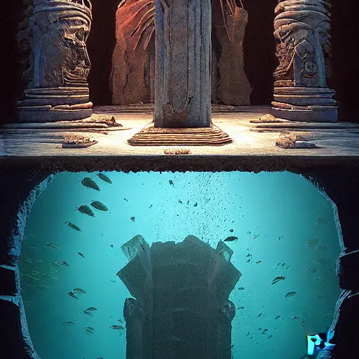 Image similar to inside the temple of dagon submerged beneath the ocean by pieter s aenredam