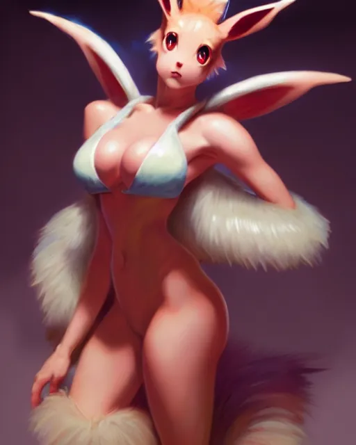 Image similar to photo of eevee pokecmon humanisation, by greg rutkowski, gil elvgren, enoch bolles, glossy skin, pearlescent, anime, maxim magazine, very coherent