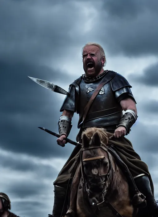 Prompt: cinematic film still of joe biden as sir william wallace shouting in braveheart movie, 8 k, epic moody sky, dramatic lighting