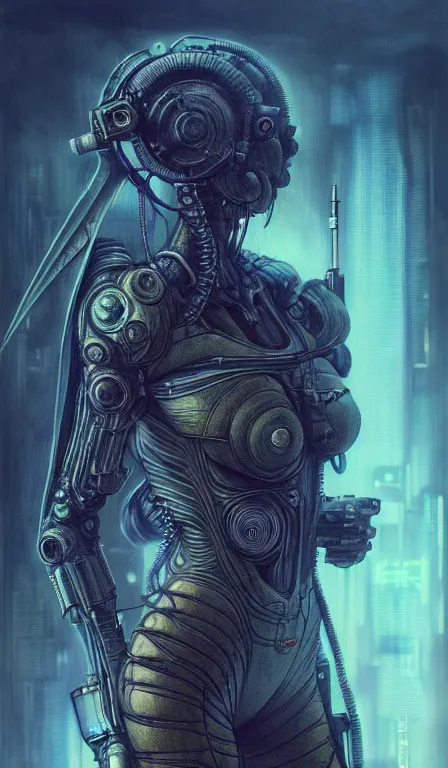 Prompt: a highly detailed long shot photo of cyberpunk female character by ayami kojima, elf, beksinski, giger, elf, rifle, intricate, digital painting, artstation, concept art, smooth, sharp focus, full body shot