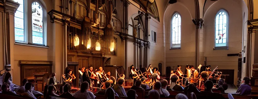 Image similar to a tango orchestra performance in a church, epic, cinematic composition, ultra detailed, 4 k, ultrawide, ( distant shot ), dramatic lighting