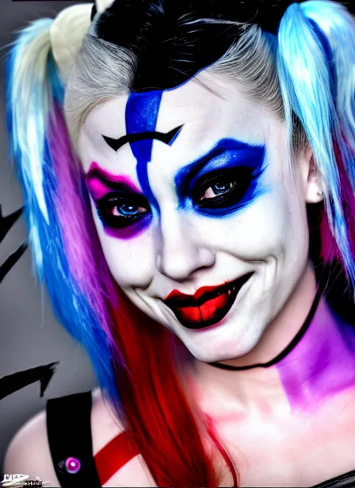 Image similar to photo of a gorgeous harley quinn in the style of derek riggs, realistic, sharp focus, 8 k high definition, insanely detailed, intricate