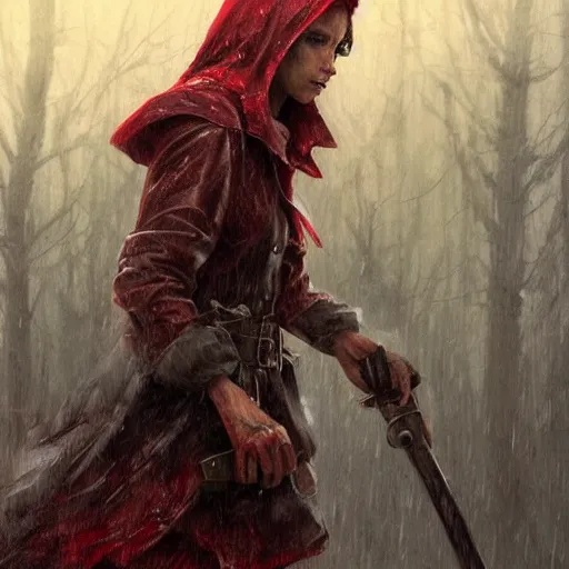 Prompt: elderly wolf hunter little red riding hood in the rain, detailed intricate ink illustration, dark atmosphere, detailed illustration, hd, 4k, digital art, overdetailed art, concept art, by greg rutkowski, by loish, complementing colors, Trending on artstation, deviantart