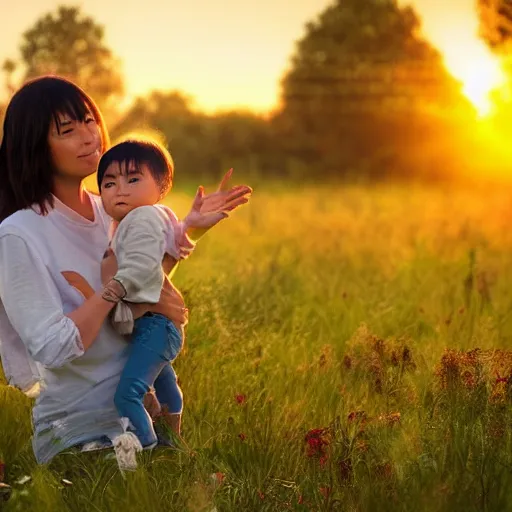 Image similar to A mother with her two children in a meadow, with a beautiful sunset in the background, mother and child, heartwarming, natural lighting, soft lighting, 4K, by Hayao Miyazaki, Studio Ghibli