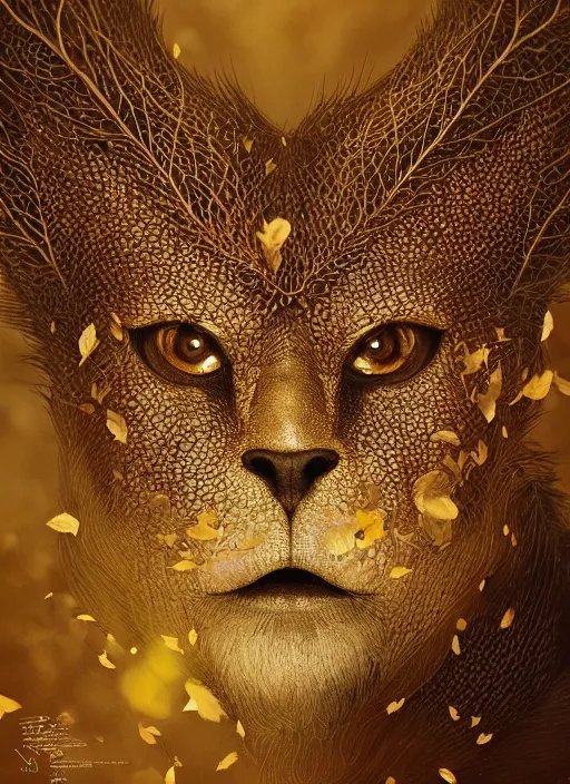 Prompt: golden leaves at frame border, creative!!! composition for a book cover, absurdly beautiful, ultrafine hyperrealistic detailed animal face by wlop and artgerm and greg rutkowski, intricate linework, sharp focus, smooth, unreal engine, dramatic lighting, ethereal, 8 k