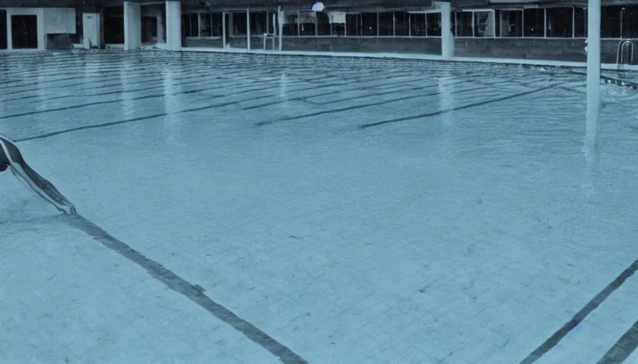 Prompt: 1 9 6 0 s movie still of an empty blue and yellow tiles municipal swimmingpool, security cam footage, liminal space style