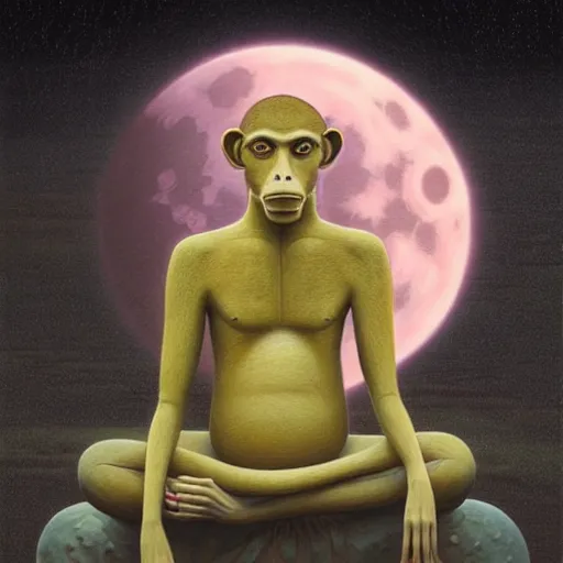 Prompt: an anthromorphic monkey meditating in a zen garden with a waterfall under the blood moon, by Adi granov and afarin sajedi and amanda sage and evgeni gordiets and Agostino Arrivabene and adonna khare in a psychedelic portrait style, ultrarealistic matte painting, volumetric lighting, fractal, extremely symmetrical, highly detailed face, orisha, 8k, hd