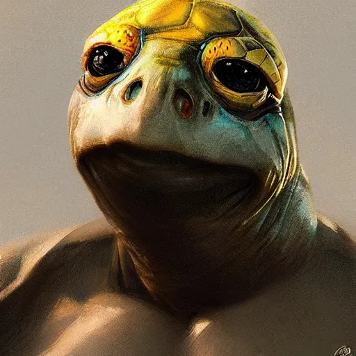 Prompt: A head-on detailed oil portrait of a beautiful mutant turtle with pale blue eyes and long yellow hair by greg rutkowski and artgerm, trending on artstation