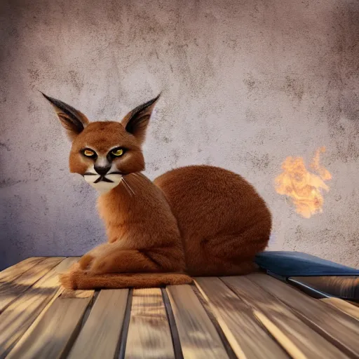 Prompt: wide-angle photo of cute caracal sitting on a wooden chair near a table in a room, flames of fire at background, octane render, 3d, 8k , hd, studio light