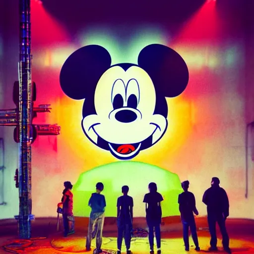 Image similar to a group of people standing around a giant one - eyed mickey mouse, cyberpunk art by david lachapelle, cgsociety, dystopian art, netflix neon logo concept art, neons, interior