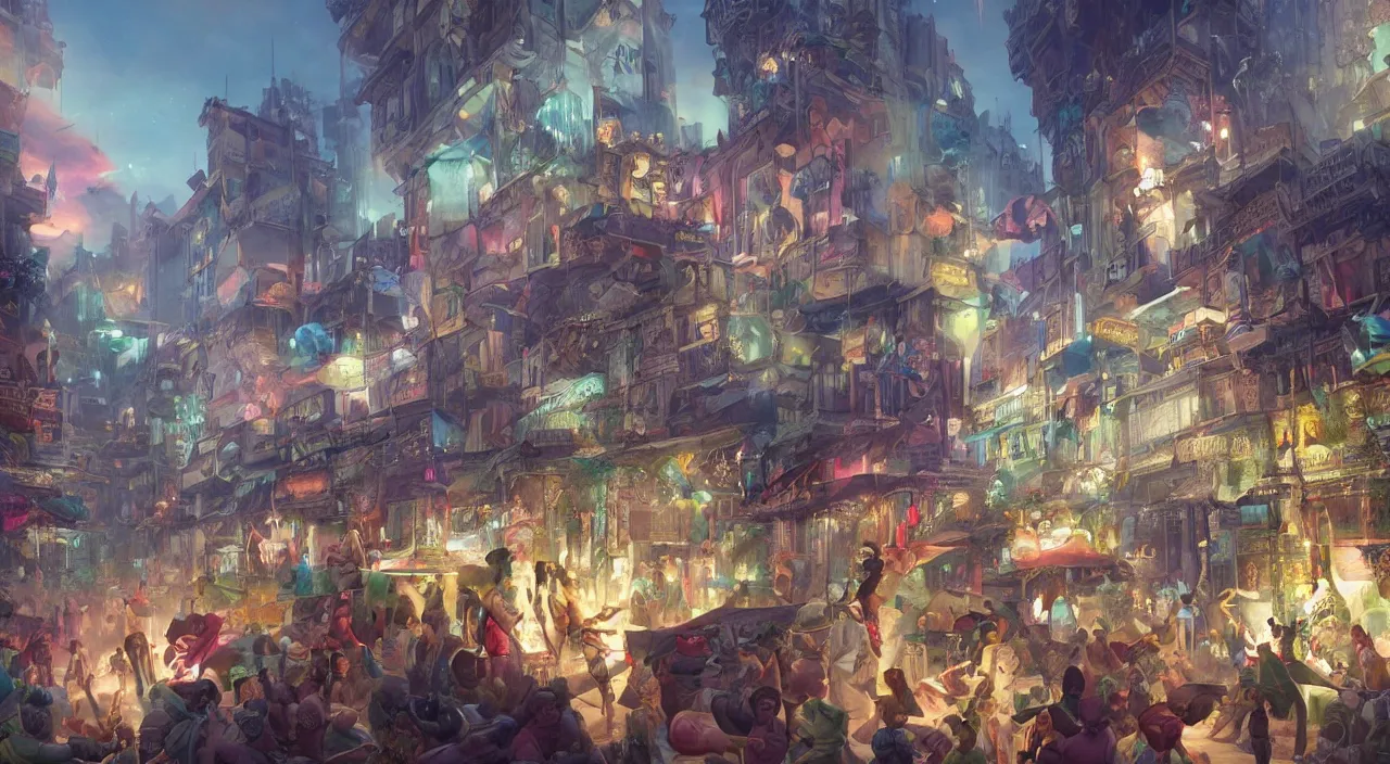 Image similar to bazaar zouk oriantal place mosquet multicolorful sky shine matte painting, street art, trending on artstation, by huang guangjian and gil elvgren and sachin teng