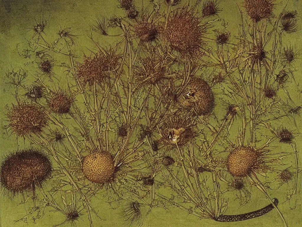 Prompt: Detailed painting by Albrecht Durer of a small corner of grass full of insects thistles dandelions a snake and a hedgehog