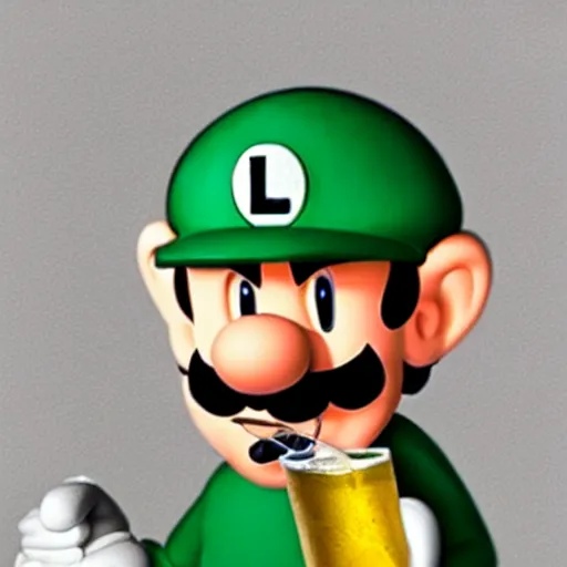 Prompt: luigi from super mario drinking a beer with mario