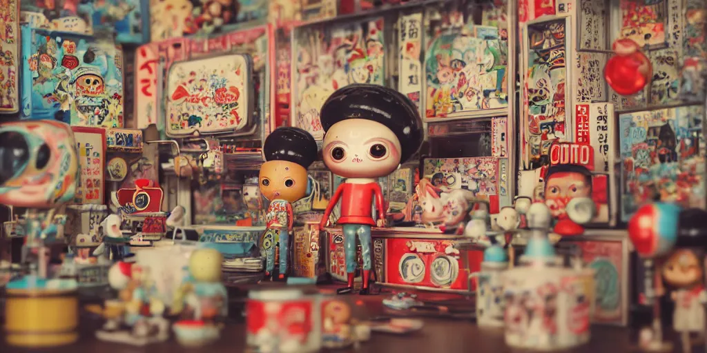 Image similar to closeup portrait of tin toy retro tokyo corner store, depth of field, zeiss lens, detailed, centered, photoshoot, by nicoletta ceccoli, mark ryden, lostfish, breathtaking, 8 k resolution, extremely detailed, beautiful, establishing shot, artistic, hyperrealistic, octane render, - h 8 0 4