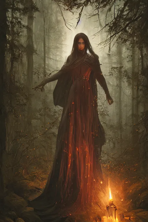 Image similar to a fancy illustrated portrait of a beautiful dark mage performing a ritual deep in a forest by Greg Rutkowski, Sung Choi, Mitchell Mohrhauser, Maciej Kuciara, Johnson Ting, Maxim Verehin, Peter Konig, final fantasy , mythical, 8k photorealistic, cinematic lighting, HD, high details, atmospheric,