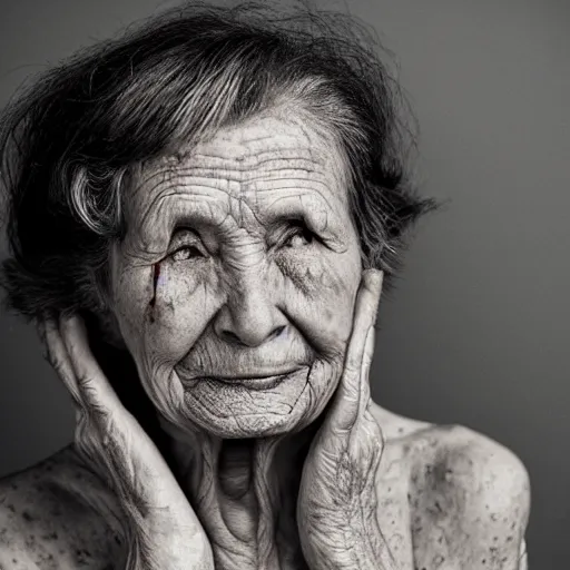 Prompt: scarred older woman, faded beauty, fragile optimism