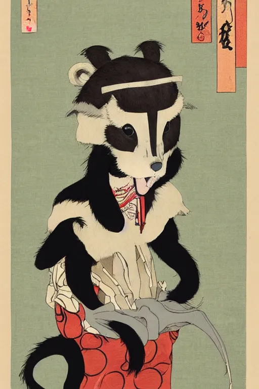 Image similar to ukiyo-e ukiyoe portrait of furry anthro anthropomorphic badger head animal person fursona wearing clothes sitting in a living room