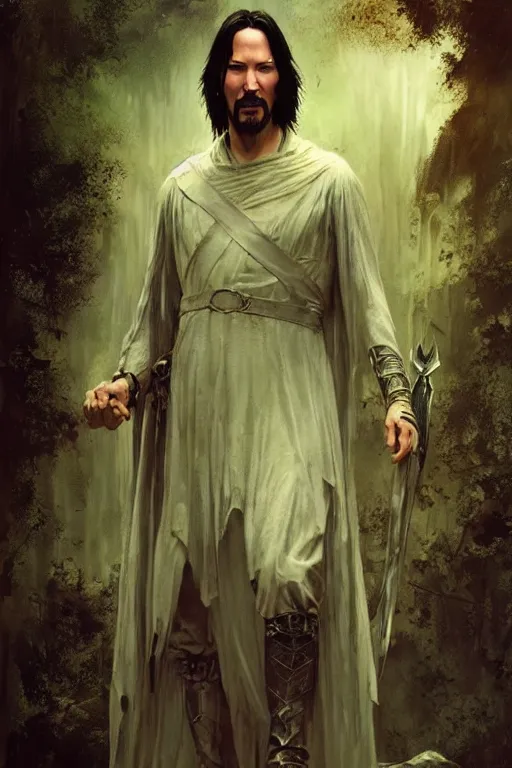 Image similar to keanu reeves, sorceror, lord of the rings, tattoos, decorative ornaments, by carl spitzweg, ismail inceoglu, vdragan bibin, hans thoma, greg rutkowski, alexandros pyromallis, perfect face, fine details, realistic shading, photorealism