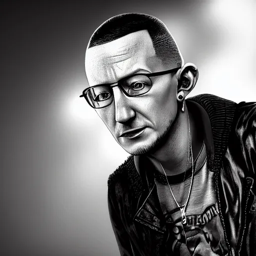 Image similar to photorealistic chester bennington. hyperdetailed photorealism, 1 0 8 megapixels, amazing depth, high resolution, 3 d shading, 3 d finalrender, 3 d cinematic lighting, glowing rich colors, psychedelic overtones, artstation concept art.