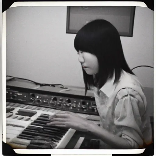 Prompt: 1 9 7 0 s polaroid of a female japanese musician playing a vintage modular synthesizer, hazy, faded