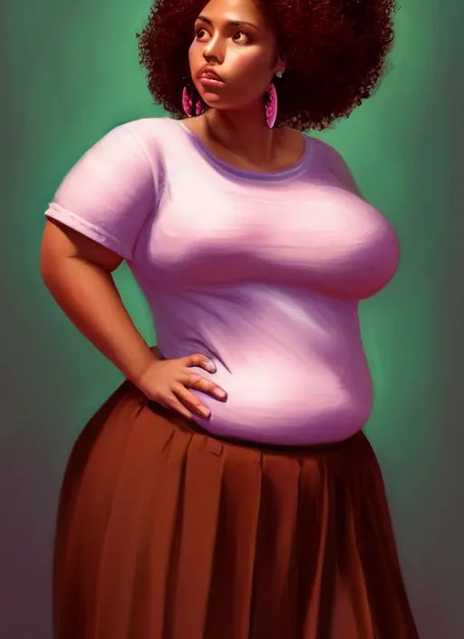 Image similar to full body portrait, teenage vanessa morgan, pink hair, brown skin, obese, curly pixie hair, sultry, realistic, short hair, hoop earrings, skirt, shirt, fat, belly, intricate, elegant, highly detailed, digital painting, artstation, concept art, smooth, sharp focus, illustration, art by wlop, mars ravelo and greg rutkowski