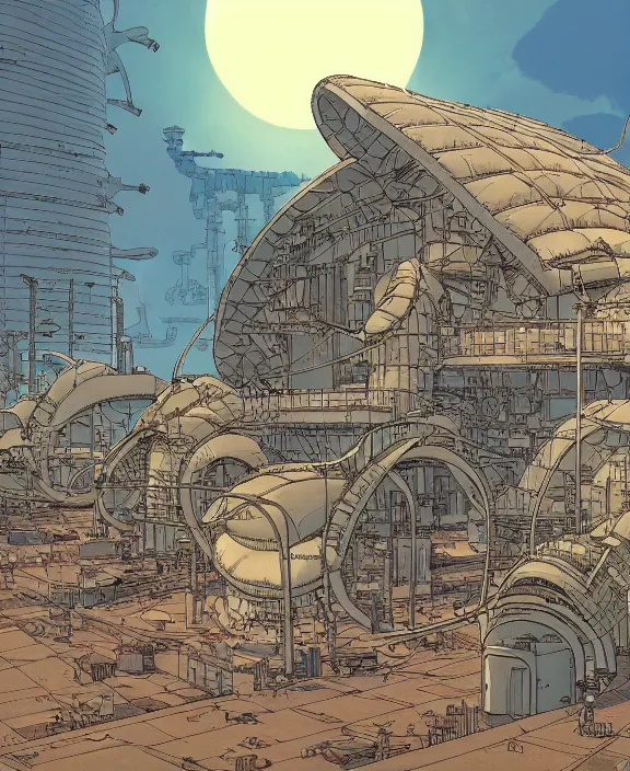 Prompt: simplicity, three buildings made out of nautilus isopods, in the style of power plant, partly cloudy, dramatic lighting, by geof darrow, bill sienkiewicz, dan mumford, yusuke murata, makoto shinkai, ross tran, cinematic, unreal engine, cel shaded, featured on artstation, pixiv