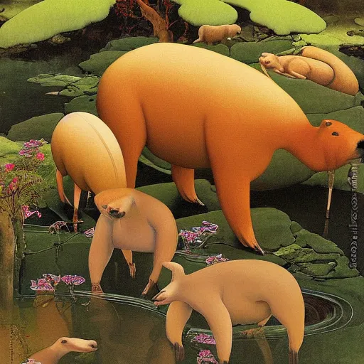 Prompt: a painting of capybaras at the japanese hot springs by thomas blackshear