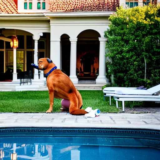 Image similar to a very detailed photo of a dog smoking a cigar outside the mansion by the pool