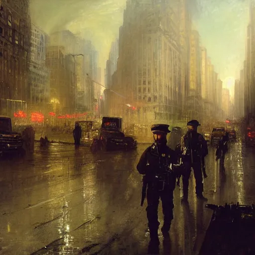 Image similar to highly detailed painting of metrocops patrolling city - 1 7, shotgun in hand, streets of nyc, by william turner, by greg rutkowski, by william constable, thick brush strokes and visible paint layers, 4 k resolution