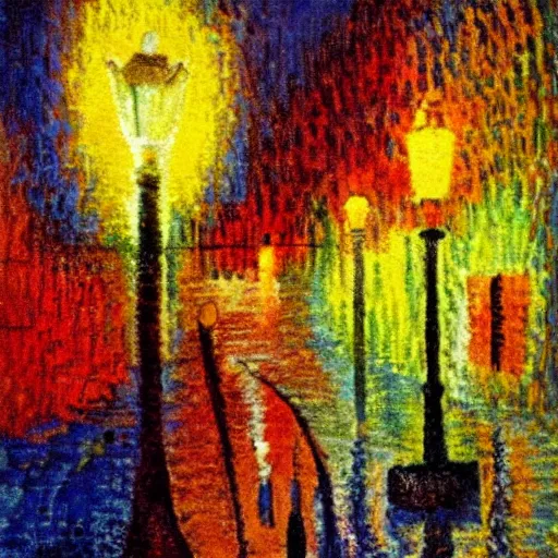 Prompt: streetlamp, rainy, night, kandinsky, impressionist, pastel, high contrast