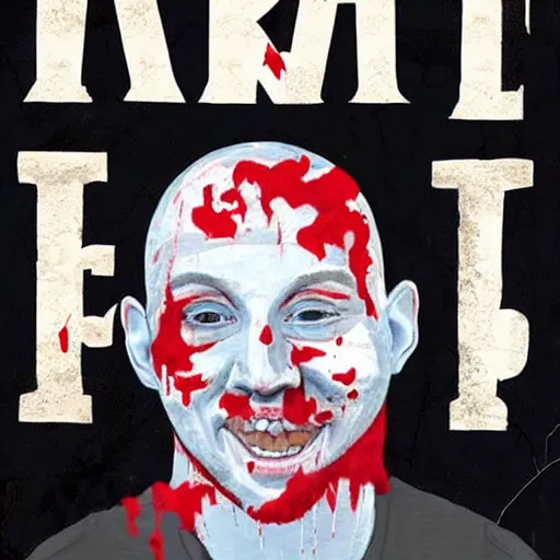 Image similar to Extremely pale human, flat preacher hat, unshaven, sly smile, Blood poster art