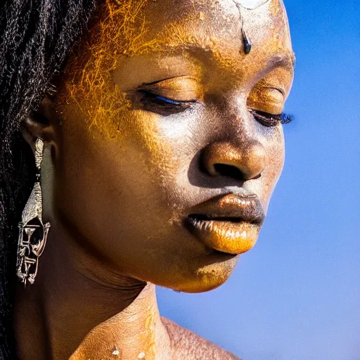 Prompt: portrait of metallic face, african woman, proud looking away, liquid metal, mercury, outdoor, blue sky, nature, 8 k, realistic, depth of field, highly detailed, award winning photography