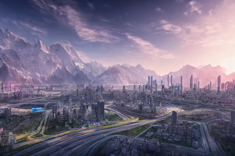 Prompt: futuristic city located in valley in kyrgyz, sunrise, vray, hdr, overhead view, photorealistic, highly detailed, 4 k, solarpunk