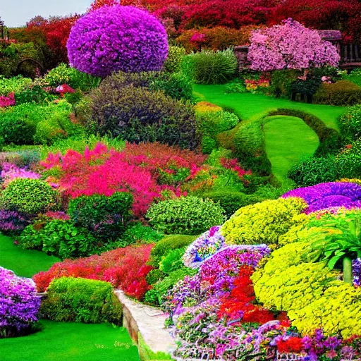 Image similar to a gorgeous garden on the edge of a cliff filled with beautiful flowers of all colors and from all around the world