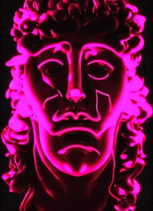 Image similar to bust of dionysus, beeple, vaporwave, retrowave, black background, neon wiring, black, glitch, strong contrast, cuts, pinterest, trending on artstation