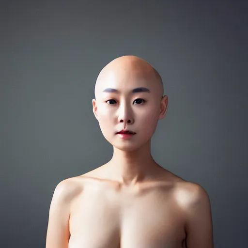 Image similar to photograph portrait bald korean japanese goddess of beauty neutral expression face straight on headshot even lighting no hair